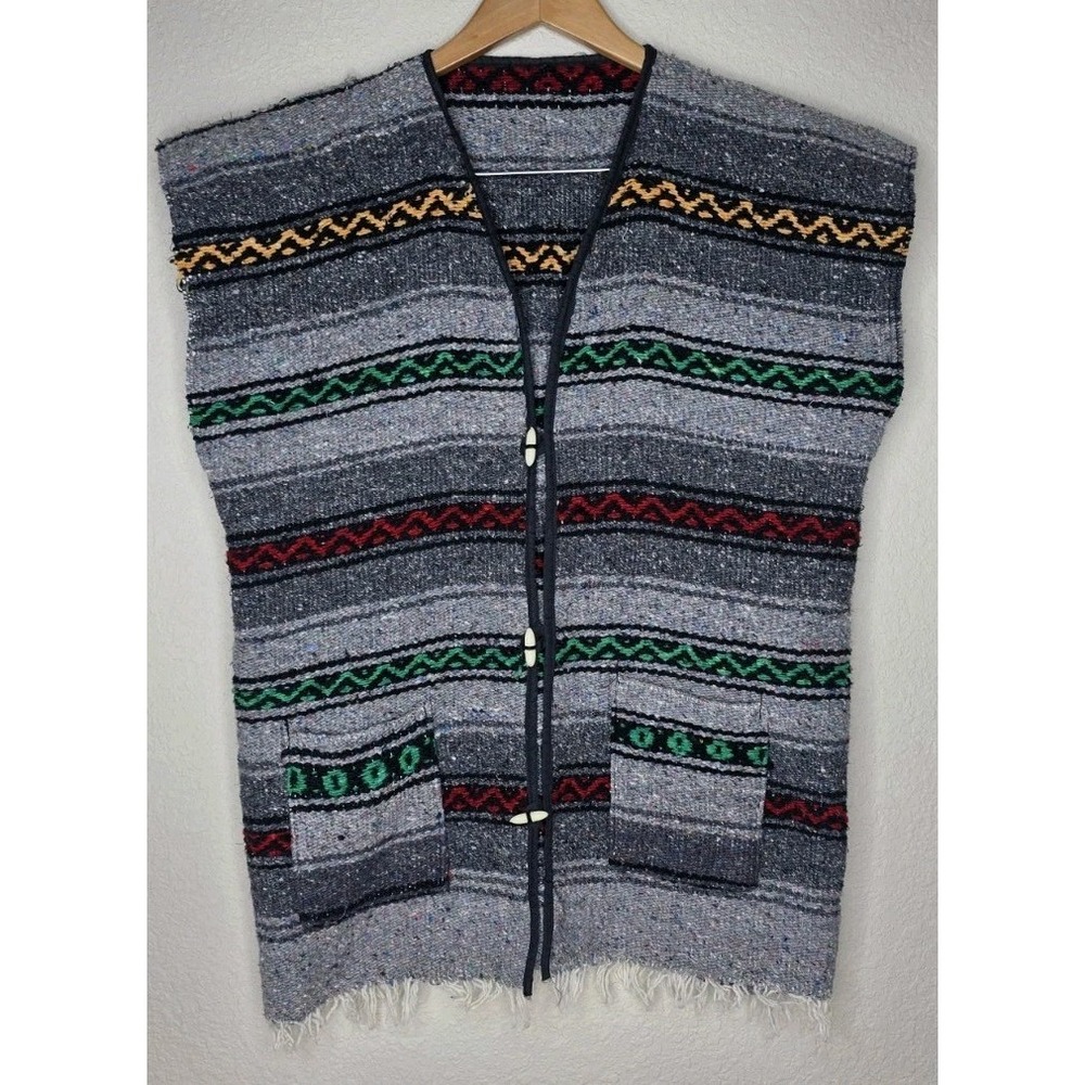 Vintage Serape Southwest Mexican Woven Multicolor Vest-OSFM Gray Aztec Fringe